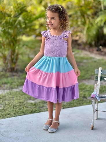 Vieille Toddler Girls Rainbow Dress Summer Ruffle Sleeveless Kids Princess Casual Dress 2-6 Years in Saudi Arabia