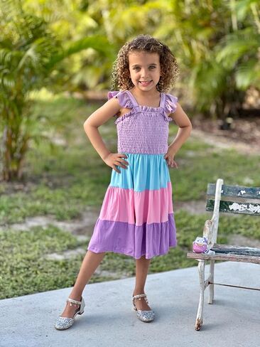 Vieille Toddler Girls Rainbow Dress Summer Ruffle Sleeveless Kids Princess Casual Dress 2-6 Years in Saudi Arabia