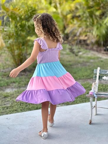 Vieille Toddler Girls Rainbow Dress Summer Ruffle Sleeveless Kids Princess Casual Dress 2-6 Years in Saudi Arabia