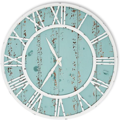 Coastal Shiplap Wall Clock - 24 Inch - White Metal Frame - Roman Numerals - Beach Kitchen - Colorful Decorative Clock - Rustic - Silent Ticking - Wooden Nautical Home in Saudi Arabia
