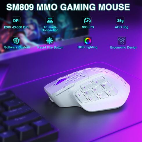 SM809 Pro Wireless MMO Gaming Mouse with 9 Side Buttons,24000 DPI,Triple Connectivity (2.4G/BT/Wired) RGB MMO Mouse for Gamer,16 Programmable Macros,Up to 350H Battery Life,Black in Kuwait