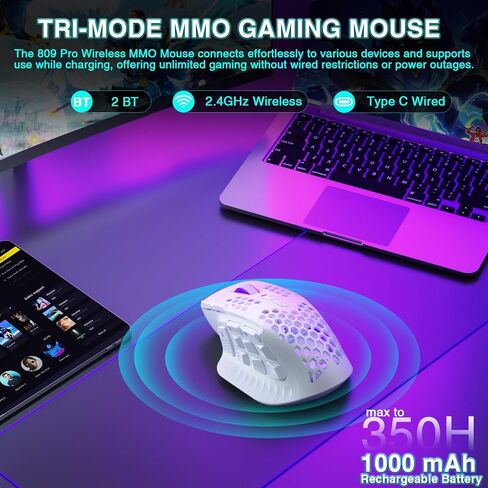 SM809 Pro Wireless MMO Gaming Mouse with 9 Side Buttons,24000 DPI,Triple Connectivity (2.4G/BT/Wired) RGB MMO Mouse for Gamer,16 Programmable Macros,Up to 350H Battery Life,Black in Kuwait