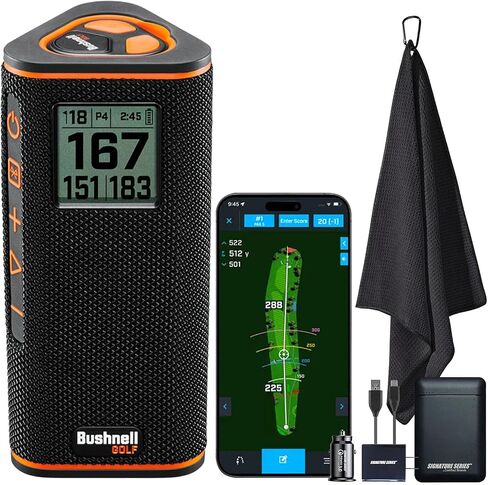 Bushnell Golf Wingman View GPS Speaker | LCD Screen, Magnetic Mount, Music & Audible Distances for 36,000+ Courses, Wireless Remote, 36-Hole Battery, Hazard Info, Signature Series Power Bundle in Saudi Arabia