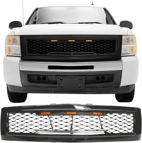 Ikon Motorsports ، Grille متوافق مع 2007-2013 شيفروليه سيلفرادو 1500 ، شواية Mesh Mesh Hood الأمامية مع أسود إشارة العنبر ، 2008 2008 2012 2012 2012 in Kuwait