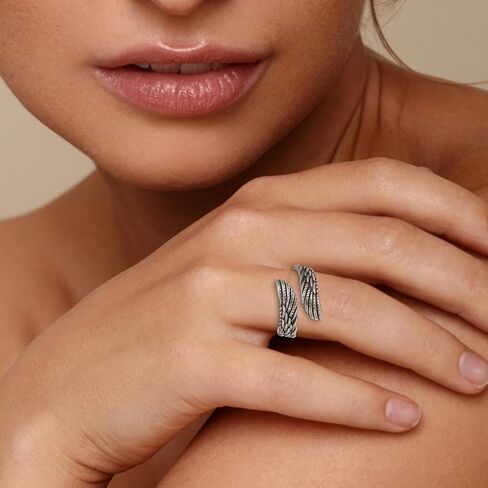 925 sterling Silver Feather Angel Wing Ring للنساء ، فرقة مفتوحة قابلة للتعديل ، مجوهرات طراز عتيقة عتيقة in Kuwait