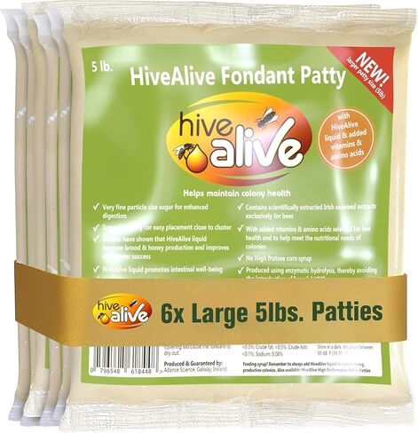 HIVE ALIVE Fondant Bee Food Supplement - with Vitamins & Amino Acids - Feed Enhancer Improves Colony Health, Population & Honey Production - Ideal Winter, Spring Feed to Lower Mortality - 5lb, 6Pack in Kuwait