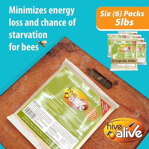 HIVE ALIVE Fondant Bee Food Supplement - with Vitamins & Amino Acids - Feed Enhancer Improves Colony Health, Population & Honey Production - Ideal Winter, Spring Feed to Lower Mortality - 5lb, 6Pack in Kuwait