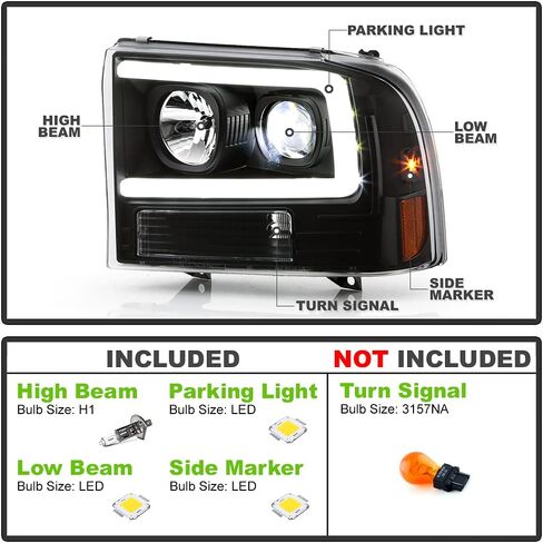 ACANII - For 1999-2004 Ford F250 F350 SuperDuty Black LED Tube w/Built-In LED Projector Headlights Headlamps Left+Right in Saudi Arabia