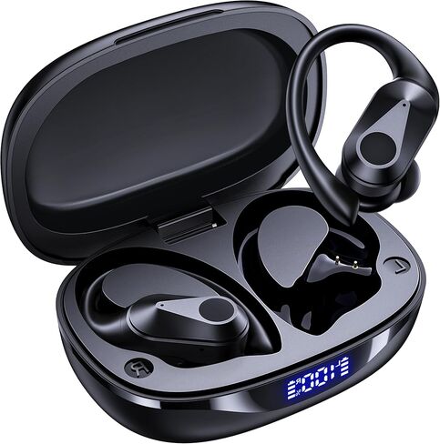 Bluetooth Headphones Wireless Earbuds 90Hrs Playtime Ear Buds IPX7 Waterproof Sports Earphones with Wireless Charging Case & Over-Ear Earhooks LED Power Display Stereo Bass Headset Black in Saudi Arabia