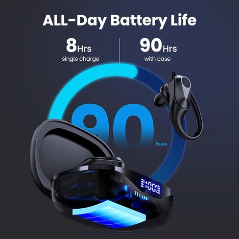 Bluetooth Headphones Wireless Earbuds 90Hrs Playtime Ear Buds IPX7 Waterproof Sports Earphones with Wireless Charging Case & Over-Ear Earhooks LED Power Display Stereo Bass Headset Black in Saudi Arabia