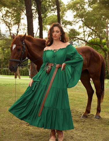 Scarlet Darkness Renaissance Costume Women Off Shoulder Bell Sleeve Tiered Maxi Dress in Saudi Arabia