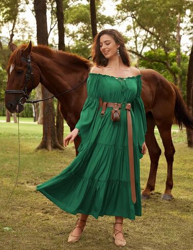 Scarlet Darkness Renaissance Costume Women Off Shoulder Bell Sleeve Tiered Maxi Dress in Saudi Arabia