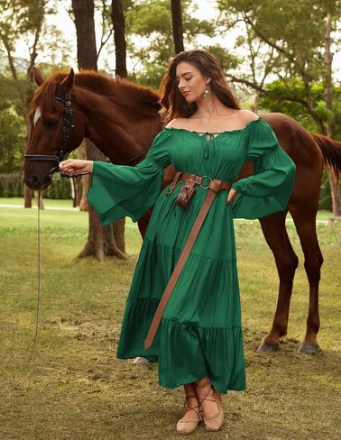 Scarlet Darkness Renaissance Costume Women Off Shoulder Bell Sleeve Tiered Maxi Dress in Saudi Arabia