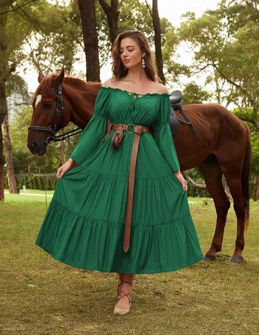 Scarlet Darkness Renaissance Costume Women Off Shoulder Bell Sleeve Tiered Maxi Dress in Saudi Arabia