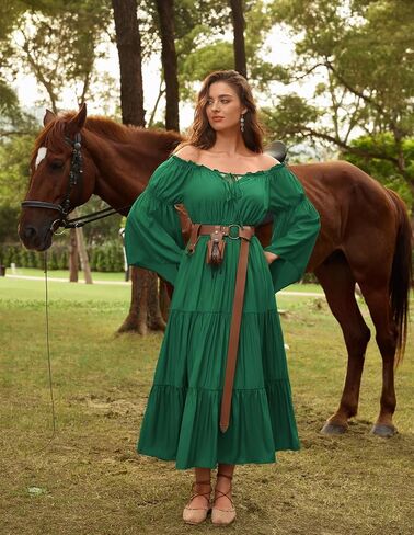 Scarlet Darkness Renaissance Costume Women Off Shoulder Bell Sleeve Tiered Maxi Dress in Saudi Arabia