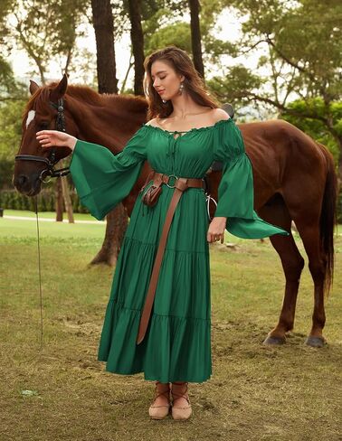 Scarlet Darkness Renaissance Costume Women Off Shoulder Bell Sleeve Tiered Maxi Dress in Saudi Arabia