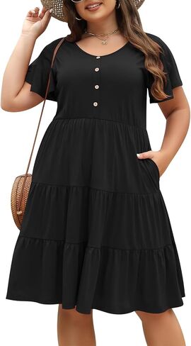 Nemidor Womens Loose Plus Size Short Sleeve Button Tiered Swing Dress with Pocket NEM406 in Saudi Arabia