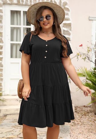 Nemidor Womens Loose Plus Size Short Sleeve Button Tiered Swing Dress with Pocket NEM406 in Saudi Arabia