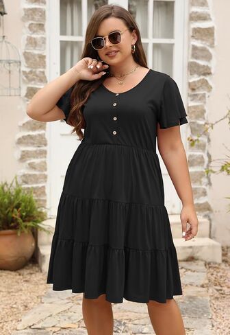 Nemidor Womens Loose Plus Size Short Sleeve Button Tiered Swing Dress with Pocket NEM406 in Saudi Arabia