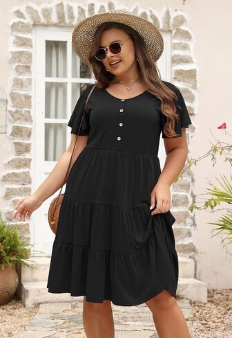 Nemidor Womens Loose Plus Size Short Sleeve Button Tiered Swing Dress with Pocket NEM406 in Saudi Arabia