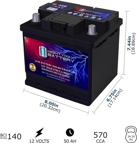 Mighty Max Battery MM-H4L Start and Stop Car BCI Group Size 140 Positive Terminal on Left Side [+ -] 12V 50 AH, 80RC, 570 CCA Rechargeable AGM Car Battery in Saudi Arabia