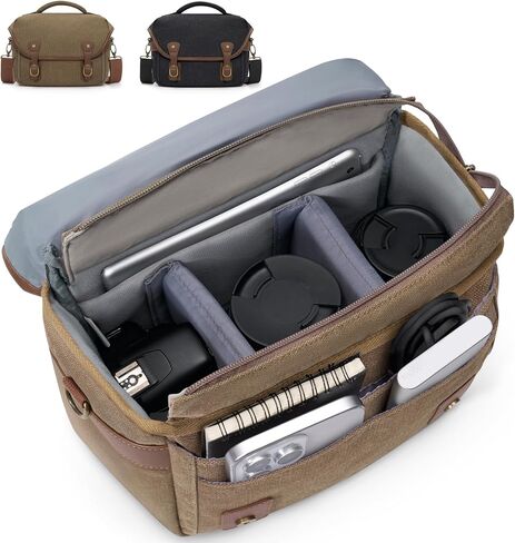 حقيبة كاميرا Rainsmore Canvas ، DSLR/SLR/Mirrorless Camera Sling Camera Came Careing Camera ، حقيبة كتف مضغوطة للمصورين مع أغطية أمطار عتيقة للرجال والنساء ، الأسود in Kuwait