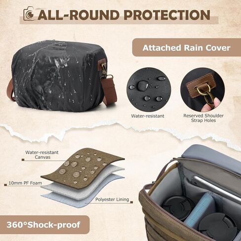 حقيبة كاميرا Rainsmore Canvas ، DSLR/SLR/Mirrorless Camera Sling Camera Came Careing Camera ، حقيبة كتف مضغوطة للمصورين مع أغطية أمطار عتيقة للرجال والنساء ، الأسود in Kuwait