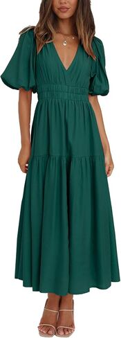 Women's Deep V-Neck Puff Short Sleeve Tiered Maxi Dress Flowy A Line Midi Dresses in Kuwait