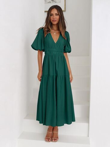 Women's Deep V-Neck Puff Short Sleeve Tiered Maxi Dress Flowy A Line Midi Dresses in Kuwait