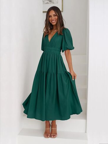 Women's Deep V-Neck Puff Short Sleeve Tiered Maxi Dress Flowy A Line Midi Dresses in Kuwait
