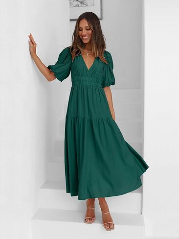 Women's Deep V-Neck Puff Short Sleeve Tiered Maxi Dress Flowy A Line Midi Dresses in Kuwait