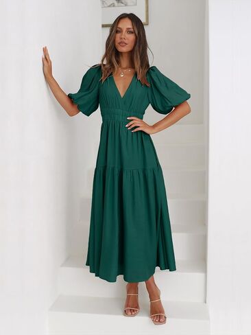 Women's Deep V-Neck Puff Short Sleeve Tiered Maxi Dress Flowy A Line Midi Dresses in Kuwait
