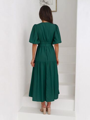 Women's Deep V-Neck Puff Short Sleeve Tiered Maxi Dress Flowy A Line Midi Dresses in Kuwait