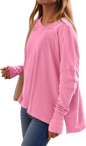 Tankaneo Womens Long Sleeve Tops قمصان المشي لمسافات طويلة كبيرة الحجم v رقبة جانب الصالة الرياضية مع ثقوب الإبهام in Saudi Arabia