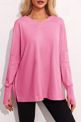 Tankaneo Womens Long Sleeve Tops قمصان المشي لمسافات طويلة كبيرة الحجم v رقبة جانب الصالة الرياضية مع ثقوب الإبهام in Saudi Arabia