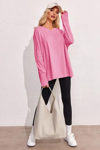 Tankaneo Womens Long Sleeve Tops قمصان المشي لمسافات طويلة كبيرة الحجم v رقبة جانب الصالة الرياضية مع ثقوب الإبهام in Saudi Arabia