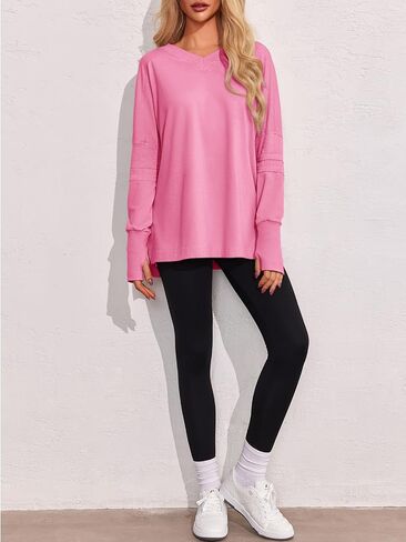 Tankaneo Womens Long Sleeve Tops قمصان المشي لمسافات طويلة كبيرة الحجم v رقبة جانب الصالة الرياضية مع ثقوب الإبهام in Saudi Arabia