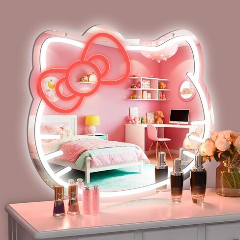 Hello Kitty Vanity Mirror with Neon Sign 16 x 14inch Large Size, Hello Kit led Mirror Adjustable Brightness USB Powered, Pink Bow, Girl Room Decor Mirror, Women Wall Makeup Mirror for Bedroom in Saudi Arabia