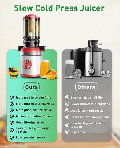 Cold Press Masticating Juicer Machines with Built-in Blades for Slicing Whole Fruits & Vegetables, 4.35" Large Feeding Chute, Quiet & Easy to Clean, 99% High Juice Yield in Saudi Arabia