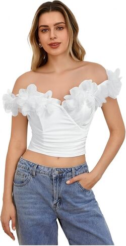 Floerns Women's 3D Flower Off The Shoulder Crop Top Ruched Sleeveless Party Tops in Saudi Arabia