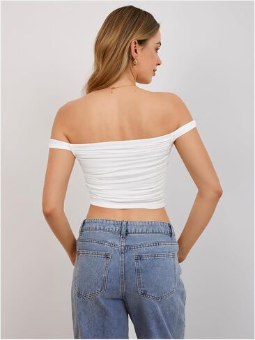Floerns Women's 3D Flower Off The Shoulder Crop Top Ruched Sleeveless Party Tops in Saudi Arabia
