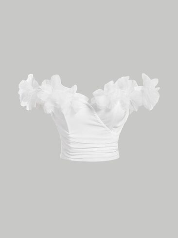 Floerns Women's 3D Flower Off The Shoulder Crop Top Ruched Sleeveless Party Tops in Saudi Arabia