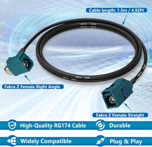 Fakra Z Female Right Angle to Fakra Z Straight Female RG174 Extension Cable 2.5m/8.2ft for Car SUV Stereo Head Unit GPS Navigation FM AM Radio Sirius XM Satellite Radio 4G LTE TEL Telematics in Kuwait