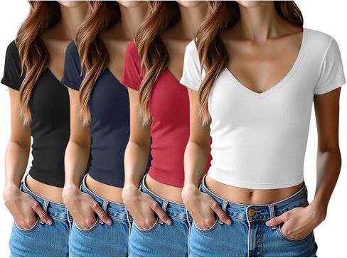 4 Pack Womens V Neck T-Shirts Short Sleeve Cotton Crop Tops Slim Fit Summer Basic Tee in Saudi Arabia