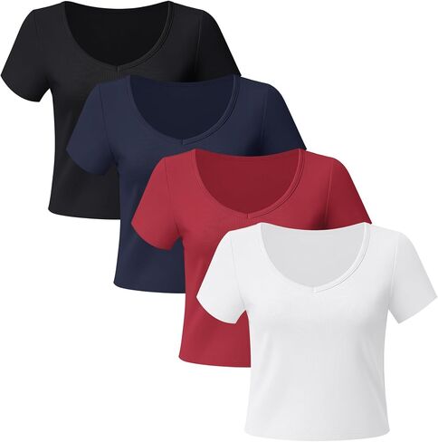 4 Pack Womens V Neck T-Shirts Short Sleeve Cotton Crop Tops Slim Fit Summer Basic Tee in Saudi Arabia