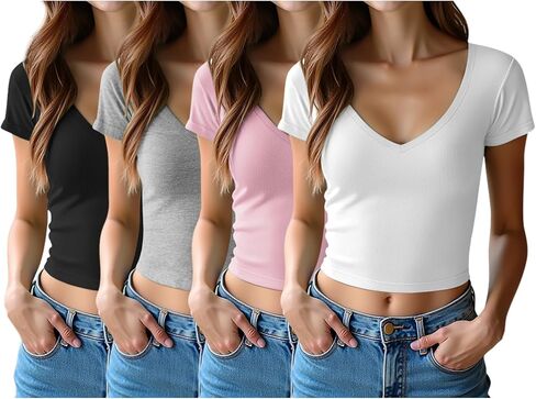 4 Pack Womens V Neck T-Shirts Short Sleeve Cotton Crop Tops Slim Fit Summer Basic Tee in Saudi Arabia