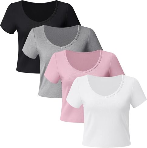 4 Pack Womens V Neck T-Shirts Short Sleeve Cotton Crop Tops Slim Fit Summer Basic Tee in Saudi Arabia