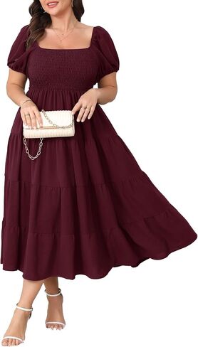 Womens Plus Size Casual Dress Short Puff Sleeve Square Neck Smocked Tiered Summer A Line Flowy Long Maxi Dresses in Kuwait