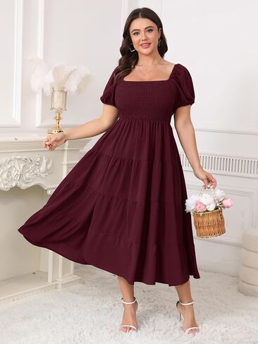 Womens Plus Size Casual Dress Short Puff Sleeve Square Neck Smocked Tiered Summer A Line Flowy Long Maxi Dresses in Kuwait