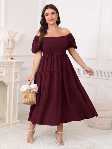 Womens Plus Size Casual Dress Short Puff Sleeve Square Neck Smocked Tiered Summer A Line Flowy Long Maxi Dresses in Kuwait